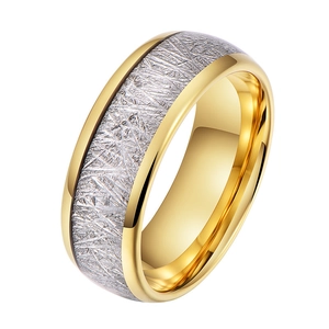 Tungsten steel ring with brushed meteorite texture and polished gold inner surface