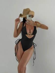 Sexy black monokini with deep V-neck, metal ring detail and side cut-outs for vacation
