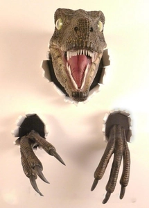 Detailed realistic resin dinosaur head and claws sculpture wall decor set in brown