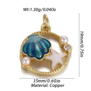 Detail of round gold pendant with blue shell, pink star, pearl, and product dimensions