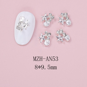 Silver starfish and seashell nail charms with rhinestones, size 8x9.5mm detail view