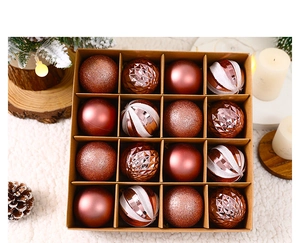 Detail of 16-pack rose gold and brown Christmas ball ornaments in a gift box