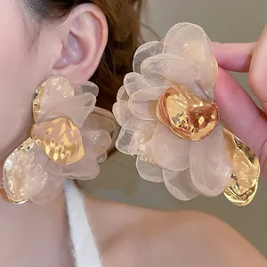 Elegant large fabric flower earrings in beige chiffon with a hammered gold center stud