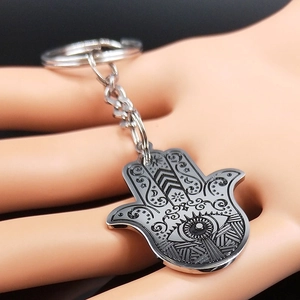 Sliver Hamsa Hand keychain made of stainless steel with detailed black engraving