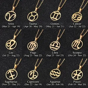 Golden stainless steel zodiac pendant necklaces set featuring 12 astrological signs