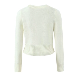 Detail of white long sleeve knitted cardigan back view with fine ribbed cuffs and hem