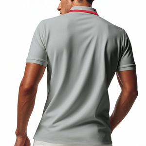 Detail of grey polo shirt with red collar contrast on the back of a male model