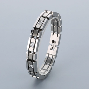 Men's titanium steel link bracelet with inlaid zircons shown from a 45-degree side angle