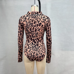 Detailed back view of leopard print long-sleeve bodysuit with stand collar and zipper