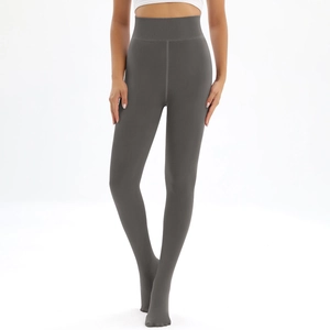 Detail of dark grey high-waisted fleece lined thermal leggings with footed design