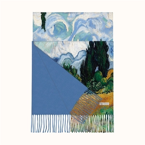 Van Gogh Wheat Field oil painting cashmere scarf with elegant blue reverse and tassels