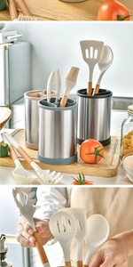 Rotating stainless steel kitchen utensil holder set with wood handle silicone tools