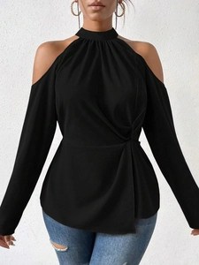 Elegant black cold-shoulder halter top with long sleeves and pleated waist knot detail