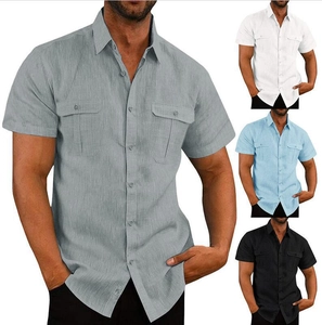 Men's cotton linen short sleeve shirt with double pockets in grey white and blue colors