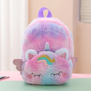 Cute unicorn plush backpack in macaron colors with soft faux fur and embroidery