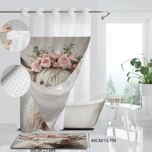 Waffle shower curtain and mat set with highland cow print and pink flower crown