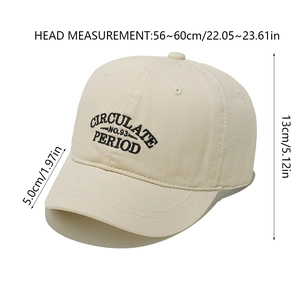 Detailed view of beige cotton canvas baseball cap with black embroidered text and dimensions