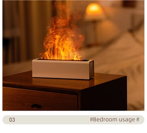 Cosy bedroom scene with a white 3D flame aromatherapy humidifier on a wooden bedside table