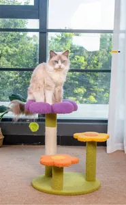 Detail of flower-shaped multi-level cat tree with sisal scratching posts and hanging toy