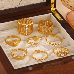 8pcs vintage gold stainless steel rings set with devil eye and rhinestone in a box