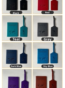 Detailed view of the map-embossed PU leather passport holder and luggage tag set in multiple colors