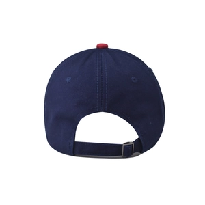 Detailed back view of cotton baseball cap with adjustable strap and metal buckle