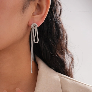 Silver knot tassel earrings with long metallic fringe chain drop for women