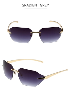 Frameless sunglasses with gradient grey lenses and sleek gold metal temples dual view