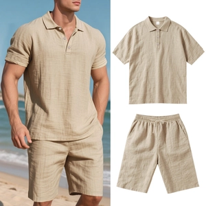 Men's summer linen polo shirt and shorts set in beige with breathable fabric detail