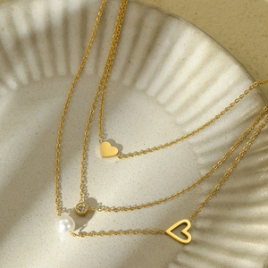 Three-layer 18k gold stainless steel necklace with heart, pearl and zircon pendants
