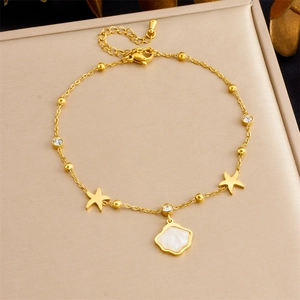 Stainless Steel Anklet With Starfish Shell Pendants And Round Rhinestone Beach Summer Bohemian Jewelry For Women