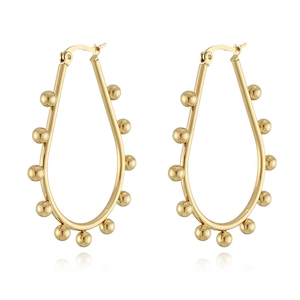 Fashionable gold teardrop hoop earrings with polished metal beads for women