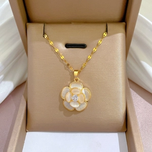 Camellia Flower Pendant Necklace Titanium Steel Mother Of Artificial Pearl Zirconia Elegant Clavicle Chain For Women