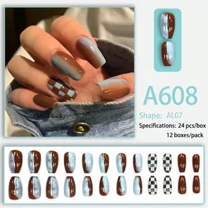 Brown and blue checkerboard press-on nails with marble design and glossy finish