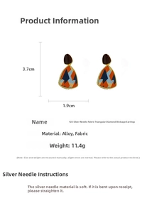 Detailed size specifications for triangular fabric earrings with 925 silver needles