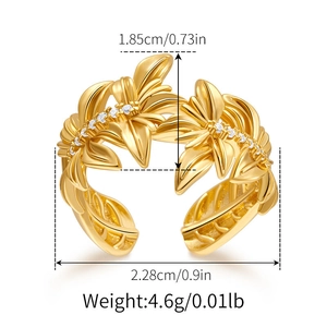 Detailed dimension view of gold floral leaf ring with crystals showing size and weight