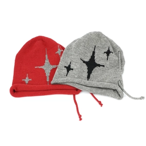 Winter drawstring knit beanie with star pattern in red and grey colors for women