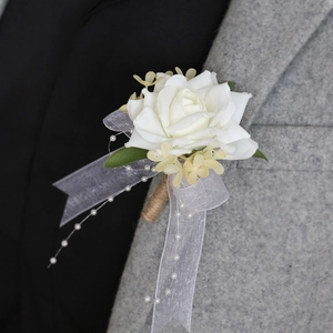 Boutonnière De Mariage En Rose De Satin Et Corsage De Poignet Avec Künstliche Perles Artificielles Ruban Organza Corde De Lin Accessoire Floral