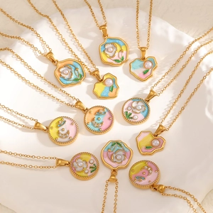 Vintage Flower Heart Moon Pendant Necklace 304 Stainless Steel Enamel Drip Oil Gold Plated Retro Jewelry For Women