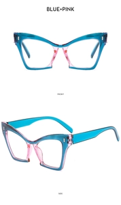 Front and side macro views of trendy cat-eye glasses frame in blue and pink gradient design