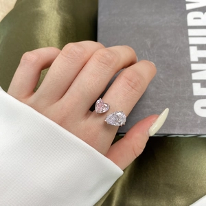 Luxurious S925 sterling silver open ring featuring pink heart and white pear cut stones