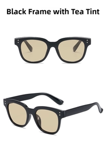 Front and side view of black square sunglasses with brown lenses and silver rivets