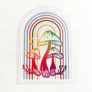 Detailed macro view of rainbow suncatcher static window cling with 3D mushroom prism