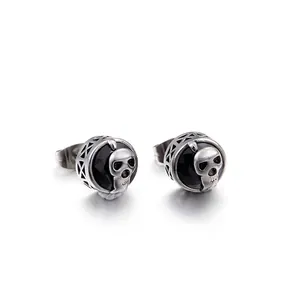 Skull Stud Earrings Stainless Steel Punk Gothic Style Vintage CZ Inlaid Jewelry For Men Women