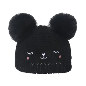 Winter knit hat for girls with double faux fur pom-poms and cute cartoon embroidery