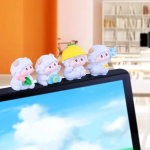 Set of 4 cute sheep mini resin figurines displayed on a computer screen for office decor