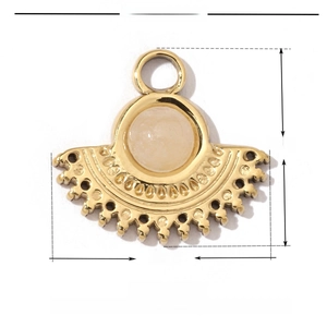 Golden stainless steel fan-shaped charm with yellow natural stone, 16mm x 14mm size