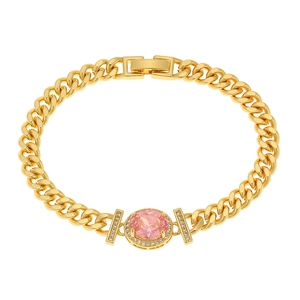 Luxury gold-plated chain bracelet featuring a pink oval gemstone and sparkling zircon accents