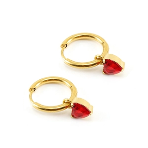 Vintage gold stainless steel hoop earrings with red heart zircon pendants for women