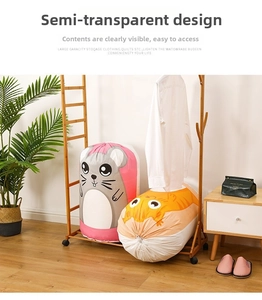 Detail of drawstring storage bags with cartoon prints and transparent viewing window